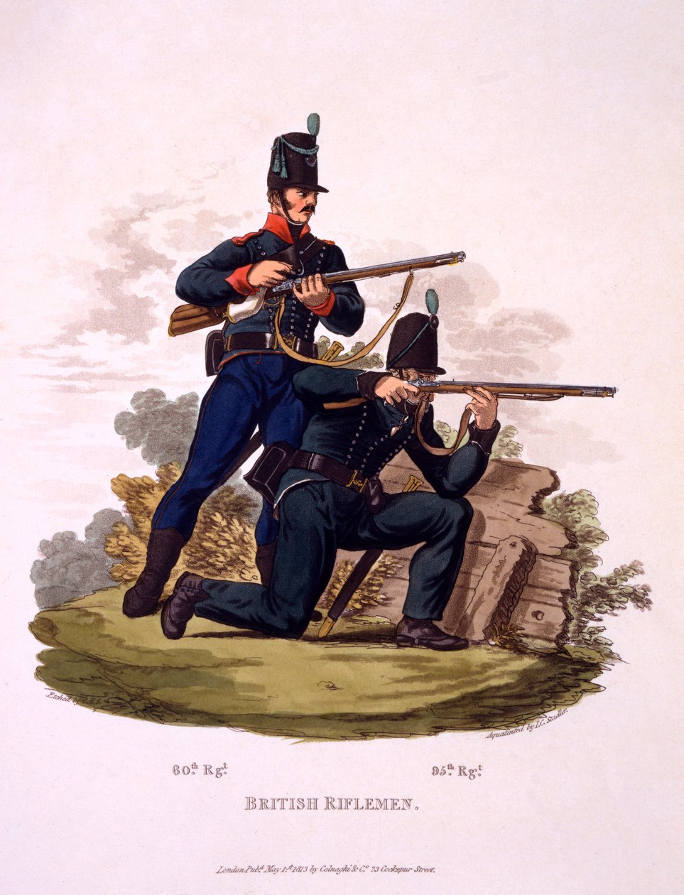 Mundur strzelców brytyjskich (60. i 95. pułk), z "Costume of the British Empire, according to the Last Regulations", opublikowanego w 1813 r. (akwatinta ręcznie kolorowana) autorstwa Charles Hamilton Smith