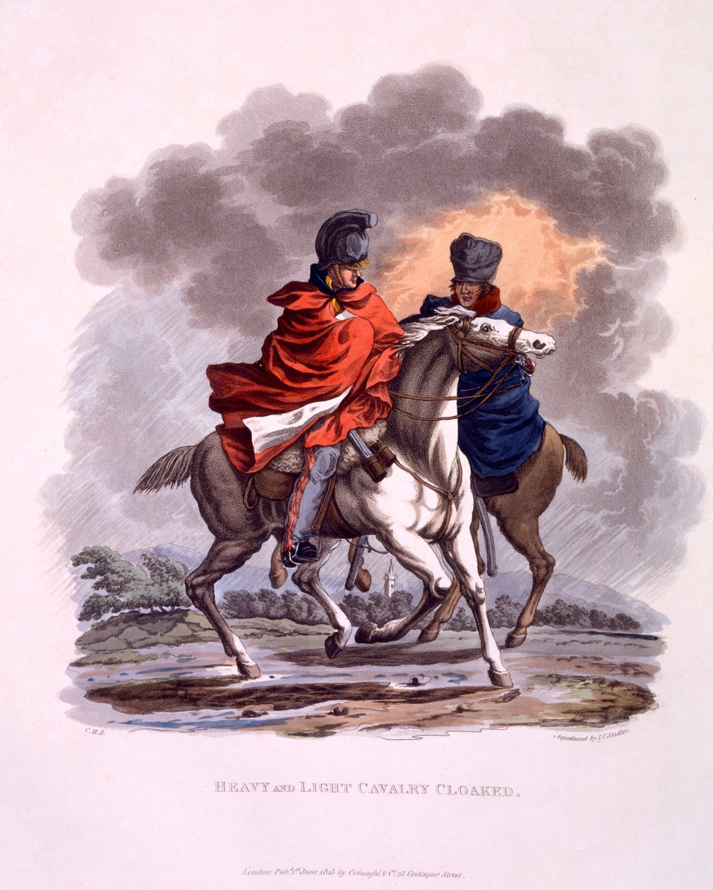 Mundur ciężkiej i lekkiej kawalerii w płaszczu, z „Kostium Imperium Brytyjskiego według ostatnich przepisów”, wydany w 1815 r. (akwatinta ręcznie kolorowana) autorstwa Charles Hamilton Smith