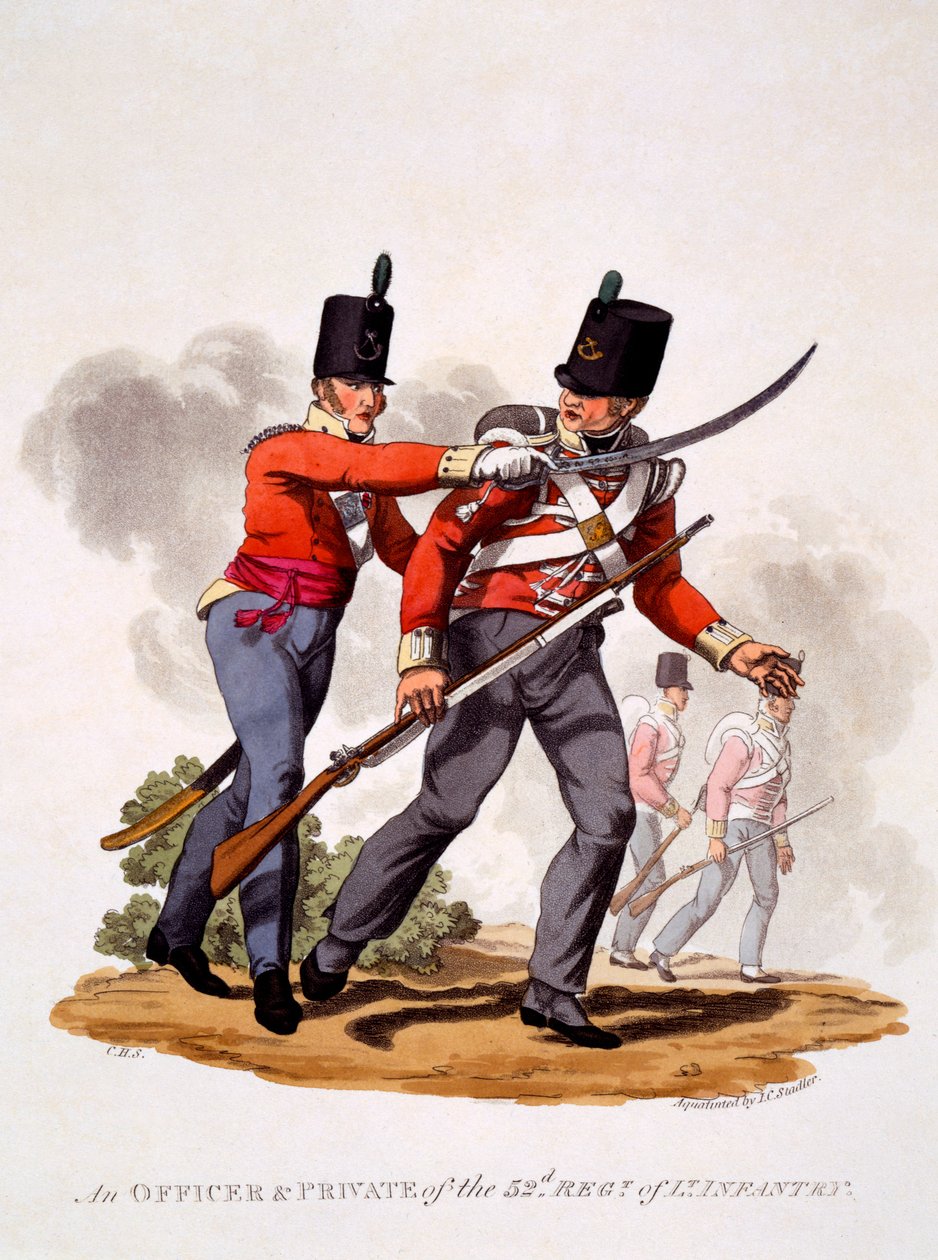 Mundur oficera i szeregowca 52 pułku. Of Light Infantry, rytowany przez Josepha Constantine Stadlera (fl.1780-1812), 1812-15 (akwatinta ręcznie kolorowana) autorstwa Charles Hamilton Smith
