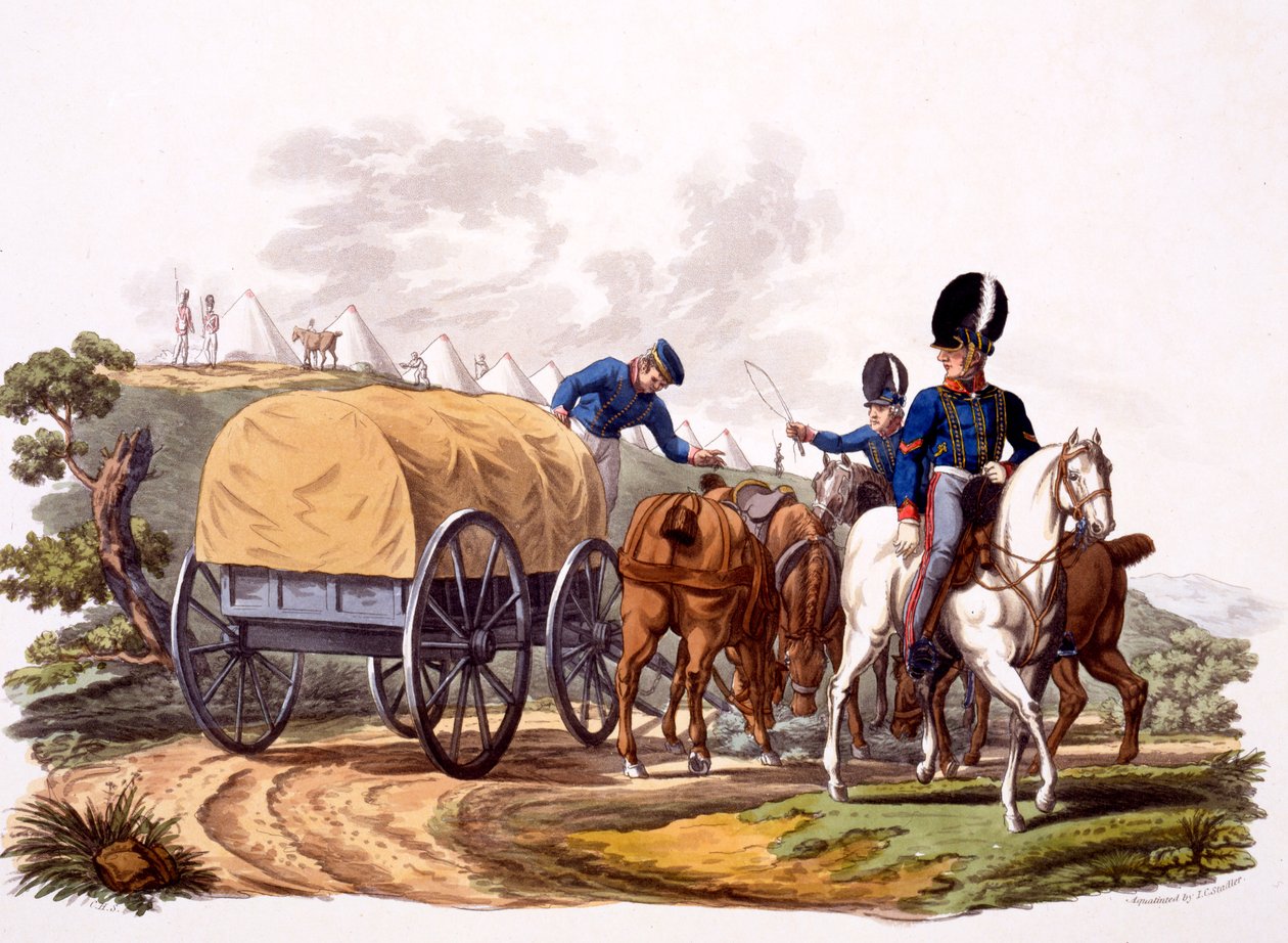 Uniform Royal Artillery Drivers (z wozem i obozem), z "Costume of the British Empire, according to the Last Regulations", wyd. 1812-15 (akwatinta ręcznie kolorowana) autorstwa Charles Hamilton Smith