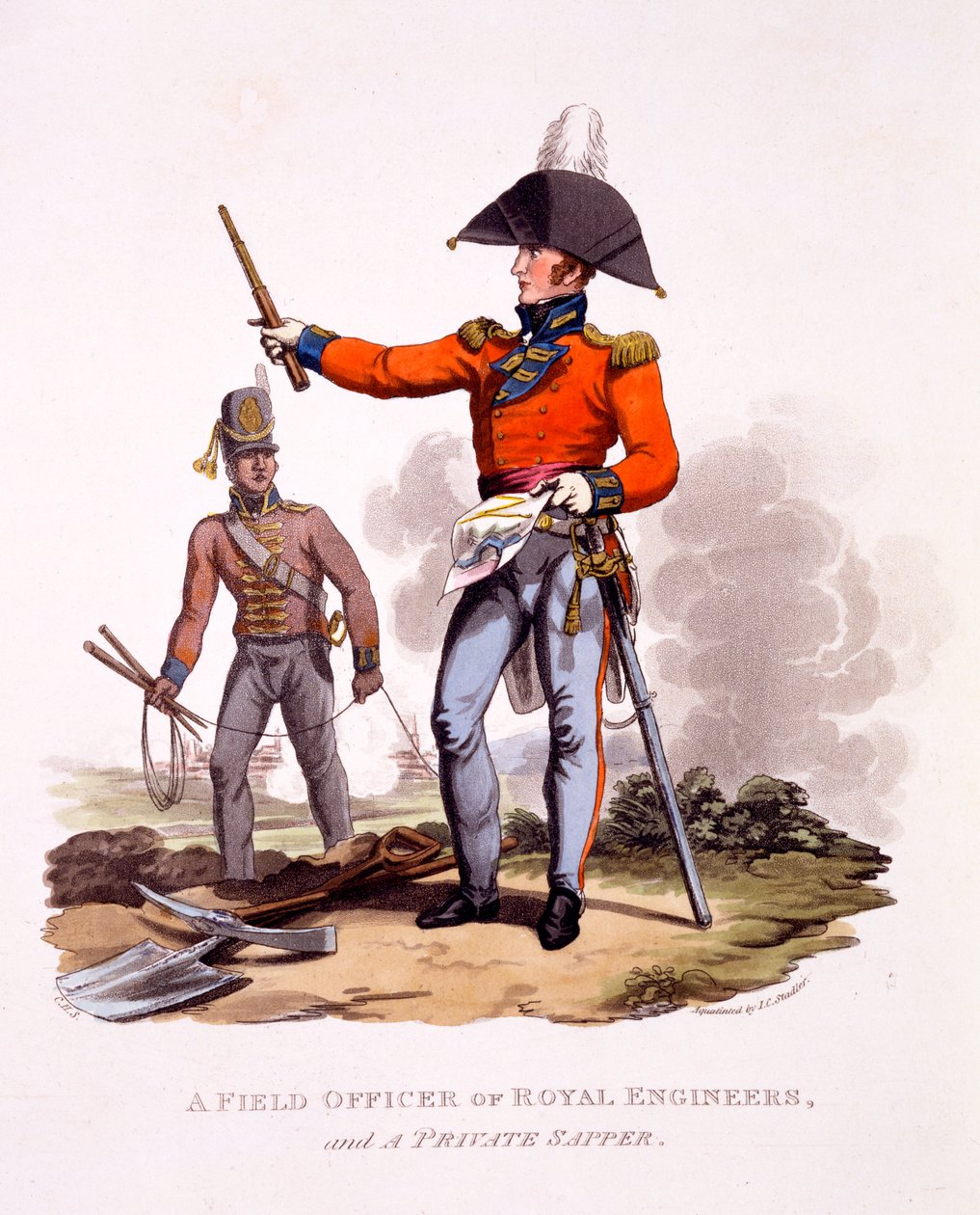 Mundur oficera polowego inżynierów królewskich i prywatnego sapera, z „Kostium Imperium Brytyjskiego według ostatnich przepisów”, z 1815 r. (akwatinta ręcznie kolorowana) autorstwa Charles Hamilton Smith