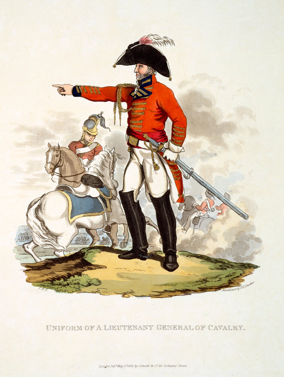 Mundur generała porucznika kawalerii, z „Kostium Imperium Brytyjskiego według ostatnich przepisów”, wydany w 1813 r. (akwatinta ręcznie kolorowana) autorstwa Charles Hamilton Smith