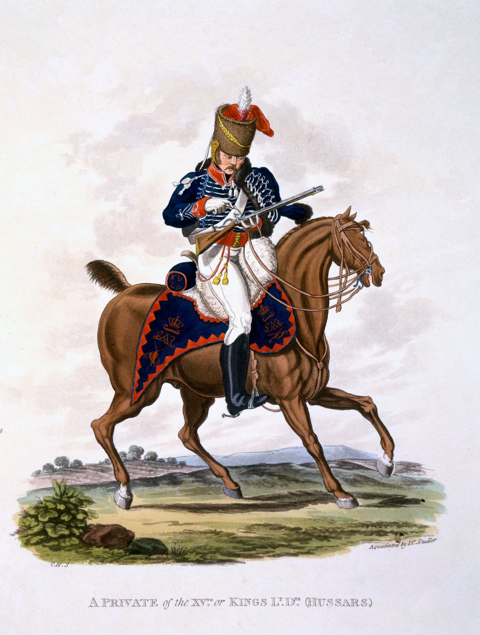Mundur szeregowca z 15. lub Królewskich Lekkich Dragonów (Huzarów), z "Costume of the British Empire, according to the Last Regulations", wyd. 1812-15 (akwatinta ręcznie kolorowana) autorstwa Charles Hamilton Smith