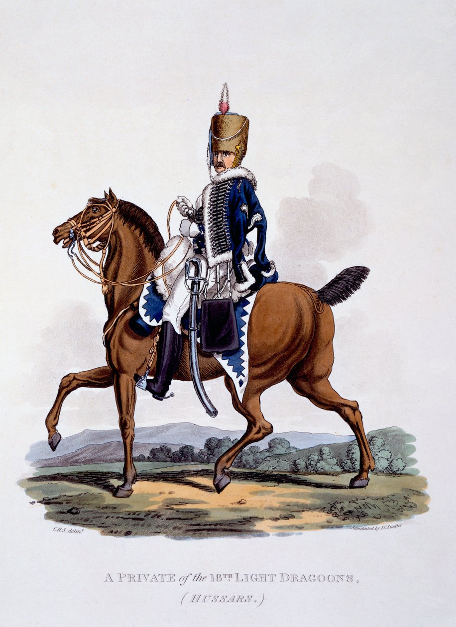 Mundur szeregowy 18. Pułku Lekkich Dragonów (Hussars), z „Kostium Imperium Brytyjskiego według ostatnich przepisów”, opublikowany w latach 1812-15 (akwatinta ręcznie kolorowana) autorstwa Charles Hamilton Smith