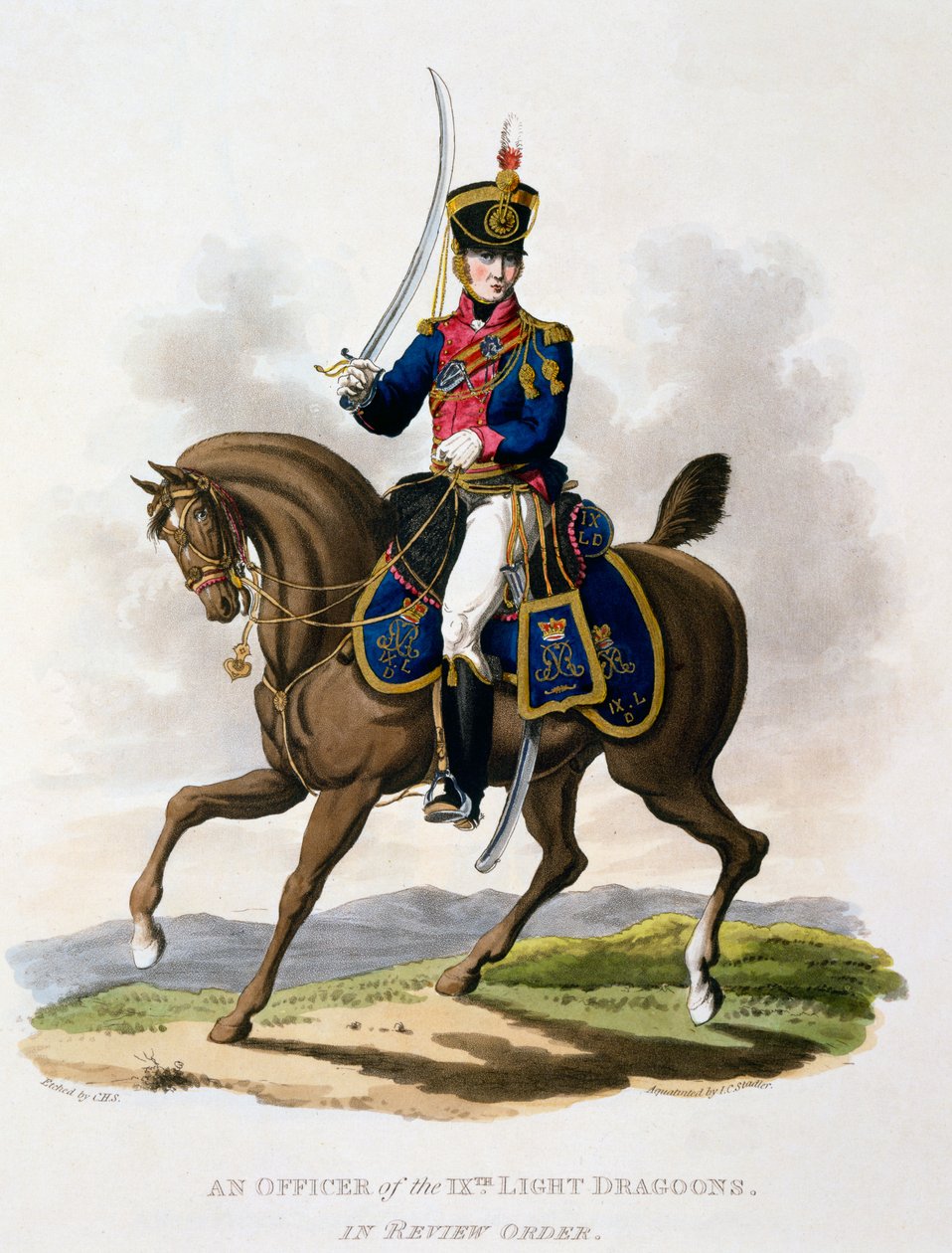 Mundur oficera 9. pułku dragonów lekkich w nakazie rewizyjnym, z „Kostium Imperium Brytyjskiego według ostatnich przepisów”, opublikowany w latach 1812-15 (akwatinta ręcznie kolorowana) autorstwa Charles Hamilton Smith