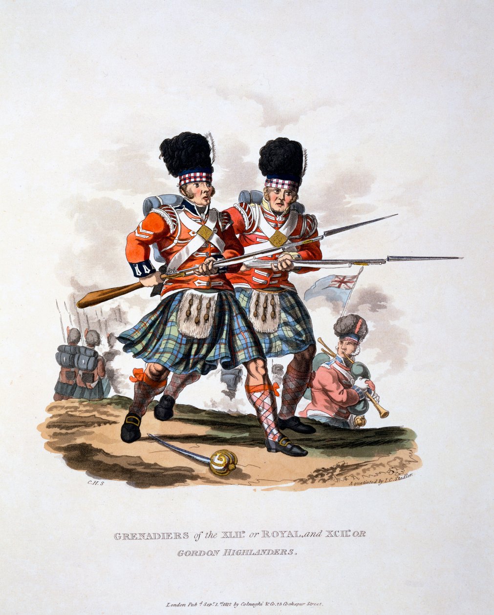 Mundur Grenadierów Królewskich i Gordon Highlanders, z „Kostium Imperium Brytyjskiego według ostatnich przepisów”, wydany w 1812 r. (akwatinta ręcznie kolorowana) autorstwa Charles Hamilton Smith