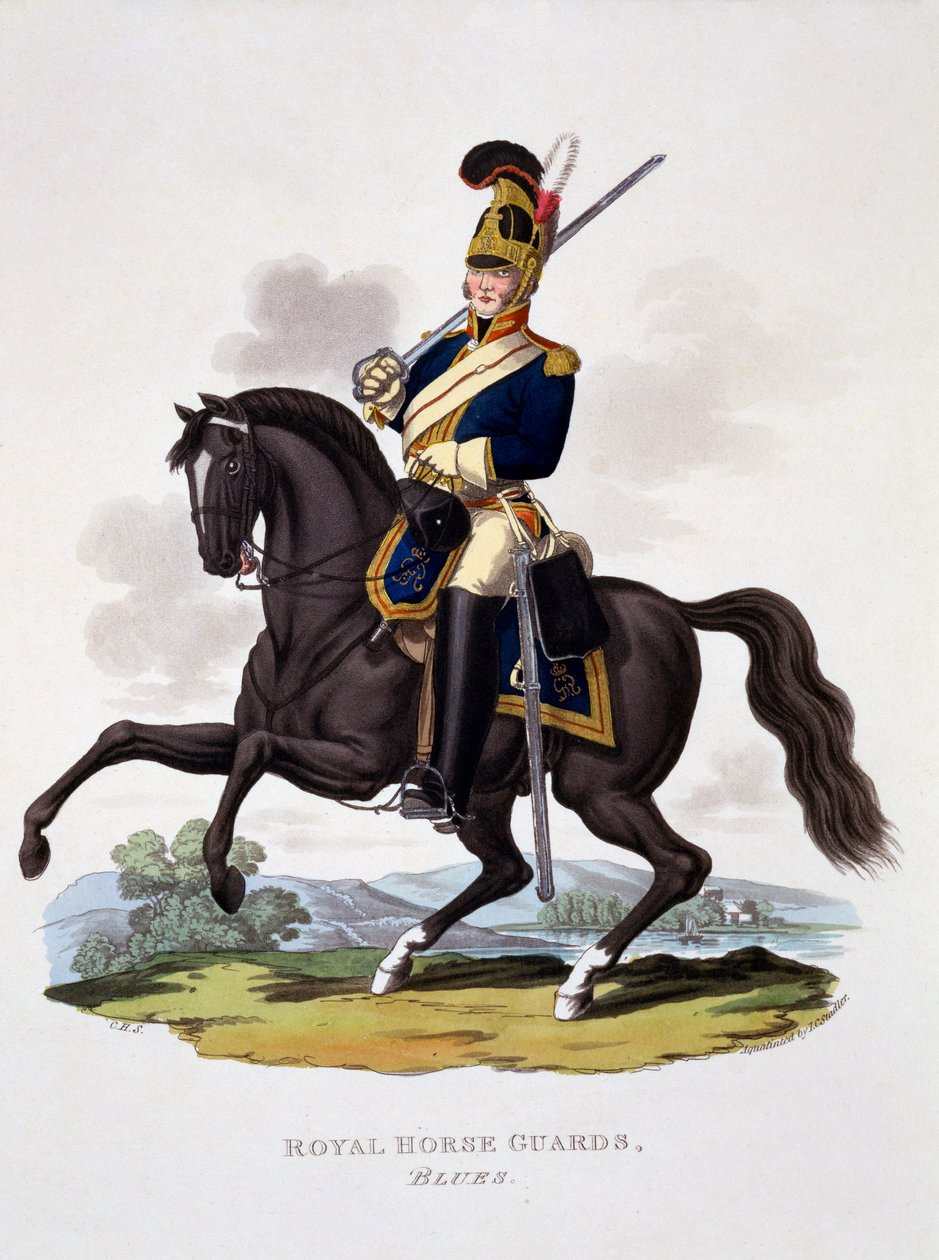Mundur Królewskiej Gwardii Konnej „The Blues”, z „Kostium Imperium Brytyjskiego według ostatnich przepisów”, wydany w latach 1812-15 (akwatinta ręcznie kolorowana) autorstwa Charles Hamilton Smith