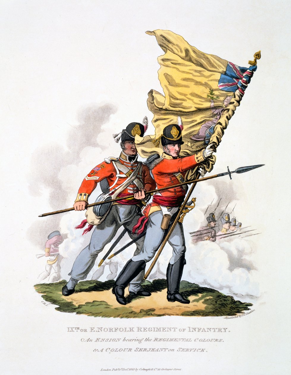 Uniform und Colours 9. Pułku Piechoty East Norfolk, z „Kostium Imperium Brytyjskiego według ostatnich przepisów”, opublikowany w 1813 r. (akwatinta ręcznie kolorowana) autorstwa Charles Hamilton Smith