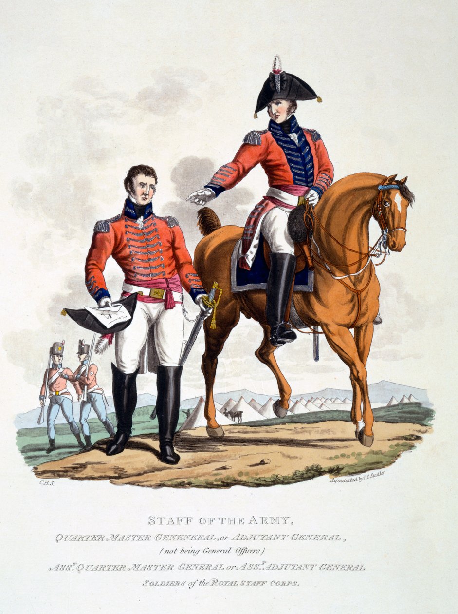 Mundury żołnierzy Królewskiego Korpusu Kadrowego, z "Costume of the British Empire, according to the Last Regulations", wyd. 1813 (akwatinta ręcznie kolorowana) autorstwa Charles Hamilton Smith