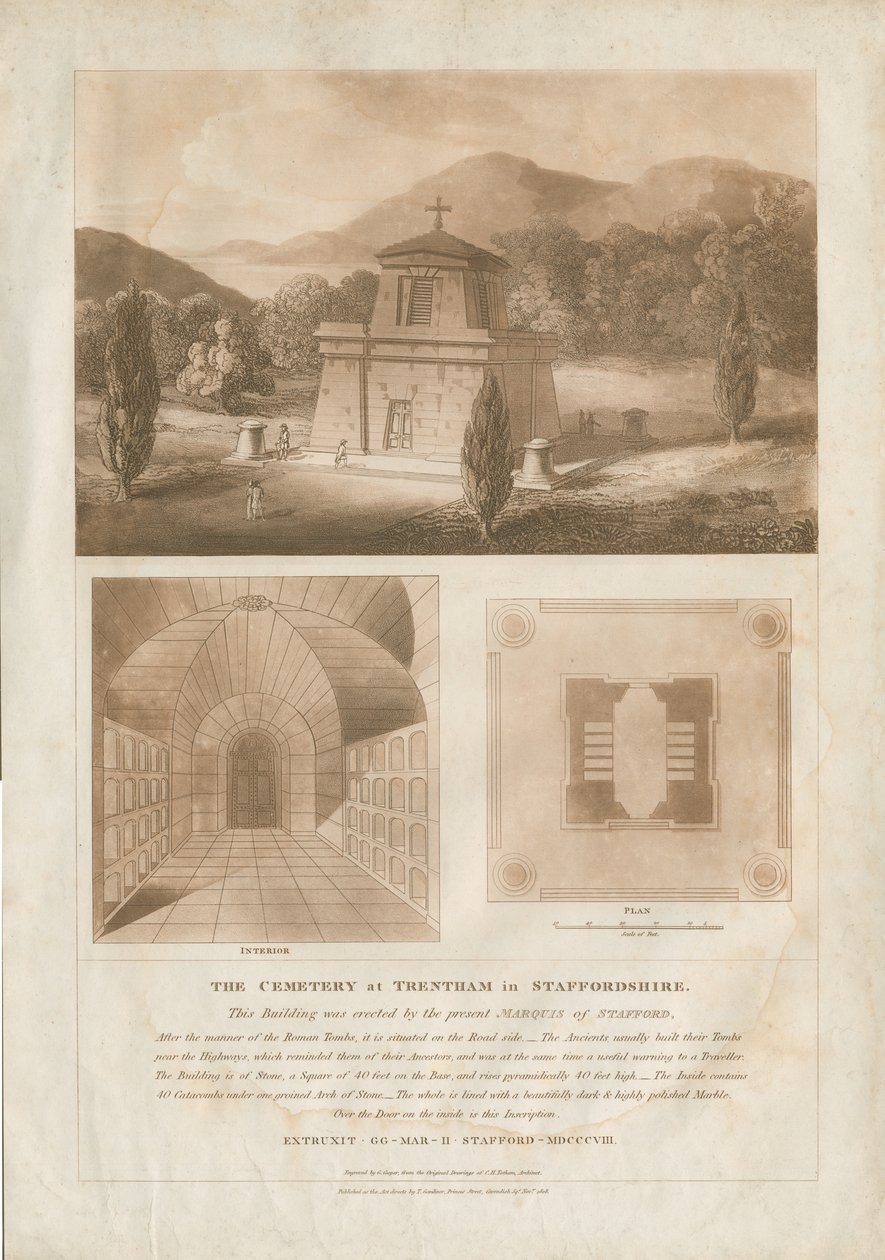 Trentham - Mauzoleum: czerwono-brązowy rycina akwatinta, bd [ok. 1808] (druk) autorstwa Charles Heathcote Tatham
