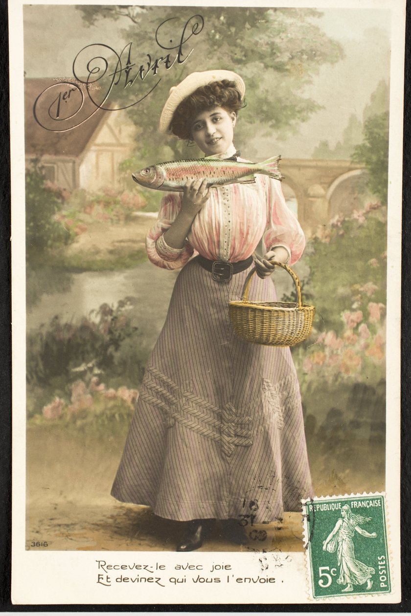 Stara pocztówka/Kwiecień Ryba/Kobieta Belle Epoque autorstwa Augustus Kollner