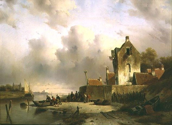 Ujście z rybakami przy nabrzeżu autorstwa Charles Henri Joseph Lieckert