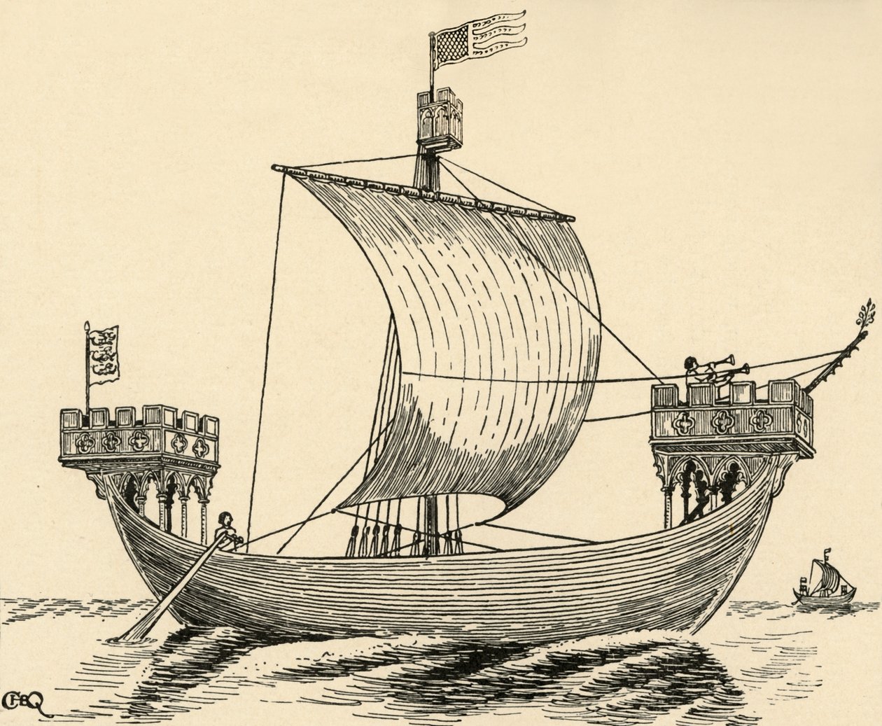 Statek z czasów Edwarda I. wzorowany na pieczęci Dover, 1284, 1931 autorstwa Charles Henry Bourne Quennell