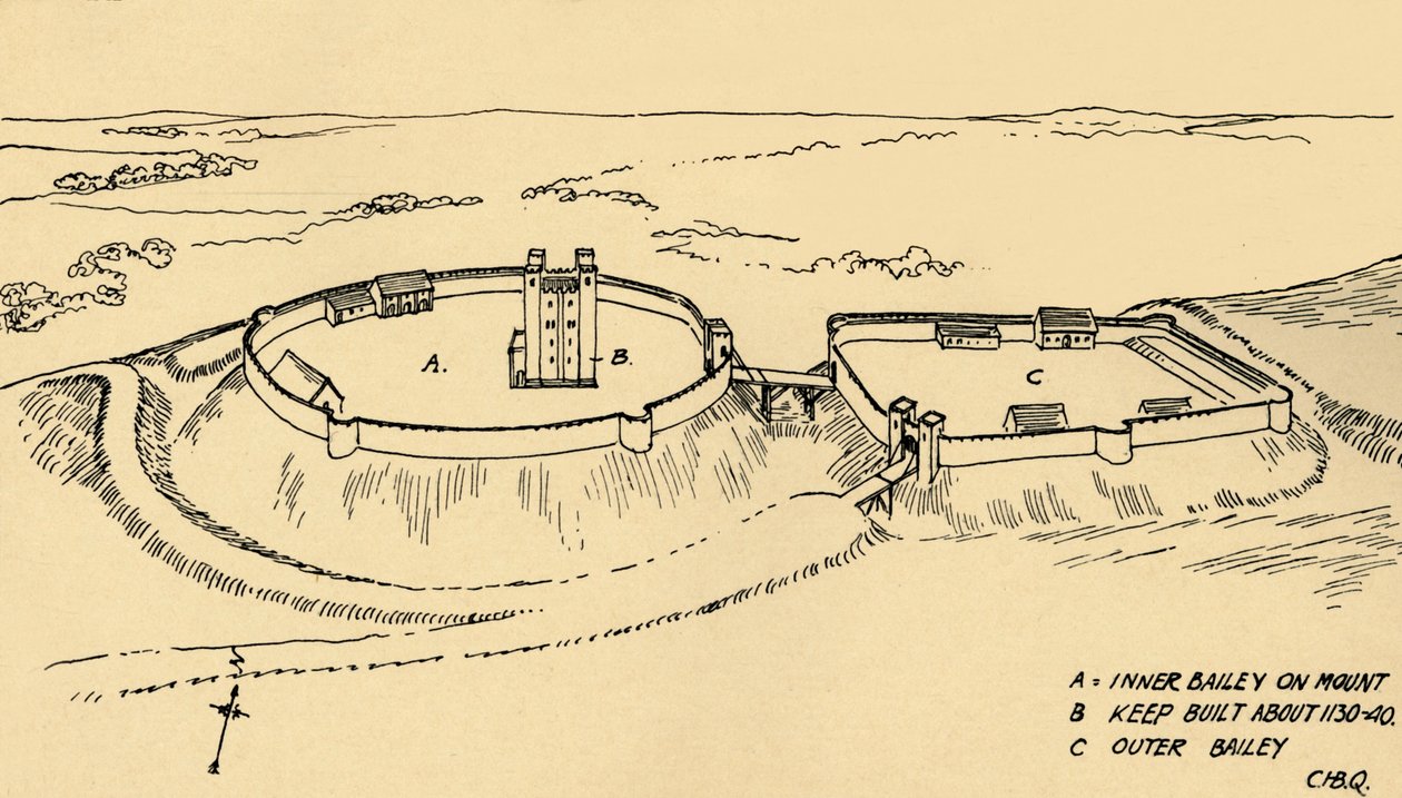 Widok z lotu ptaka na zamek Hedingham, częściowa rekonstrukcja w Essex, 1931 autorstwa Charles Henry Bourne Quennell