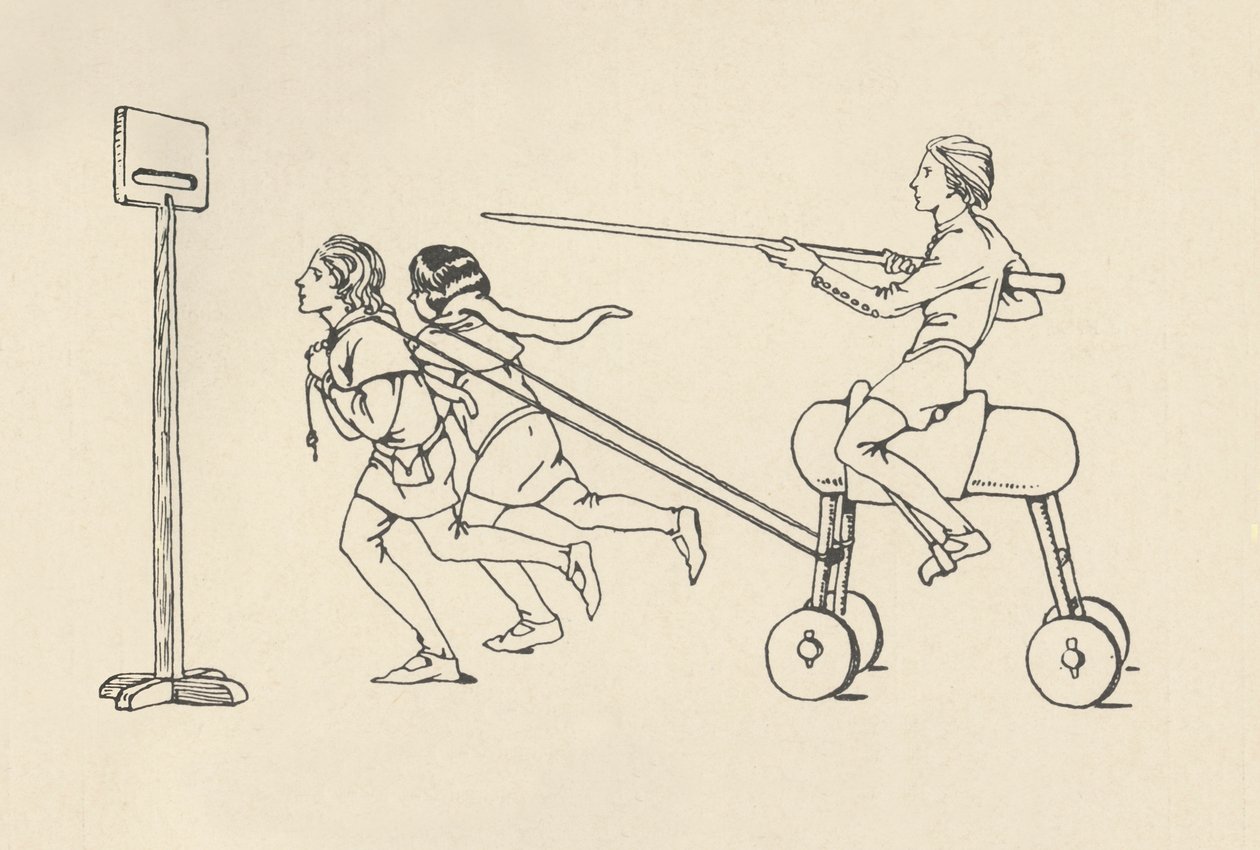 Chłopcy grający w Riding at the Quintain Romance of Alexander, około 1340. Bodleian, 1931 autorstwa Charles Henry Bourne Quennell