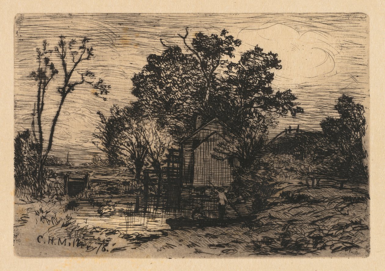 [Domek i dwie postacie w łodzi], 1878. autorstwa Charles Henry Miller