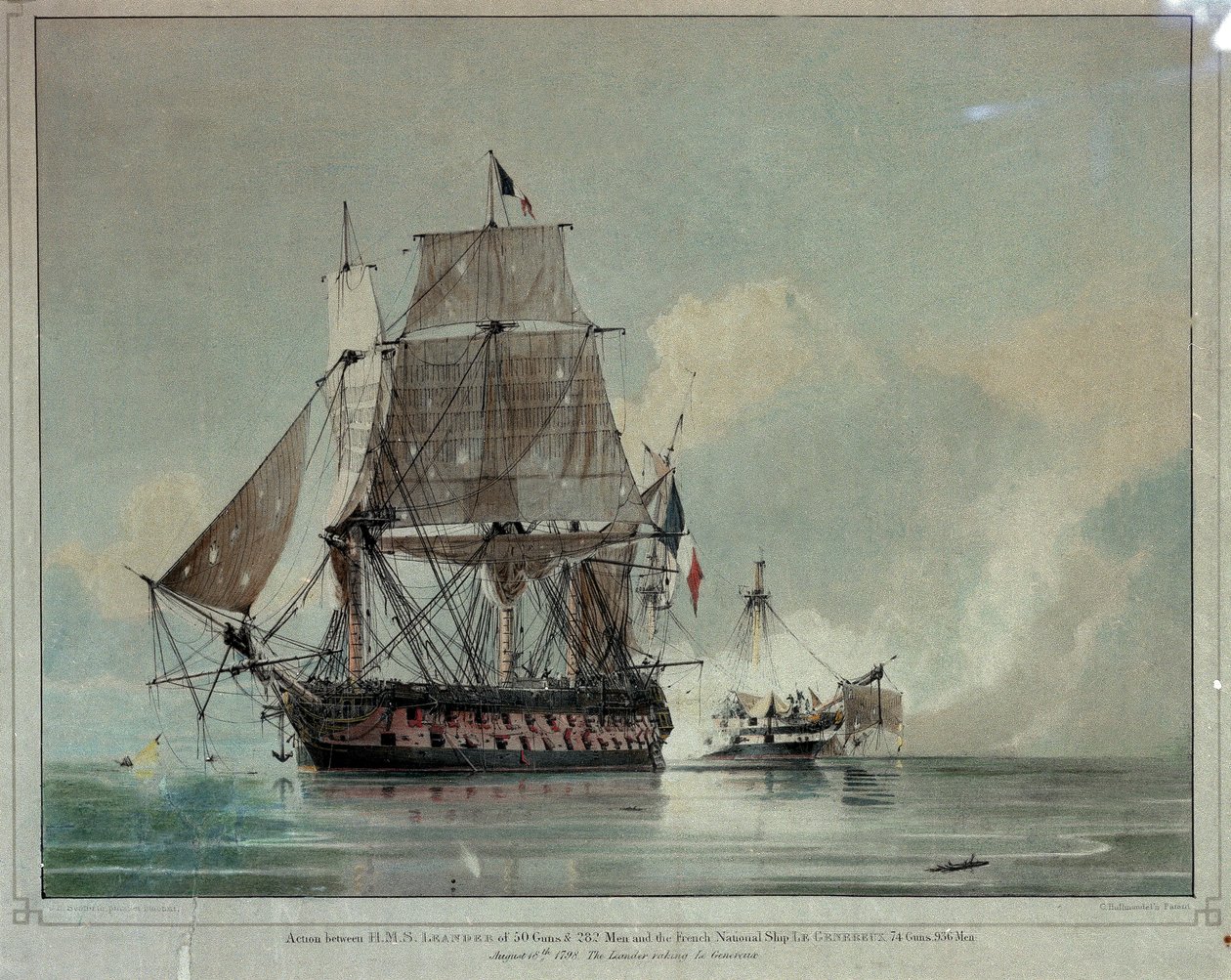 Akcja między HMS "Leander" a francuskim "Le Genereux" 18 sierpnia 1798 r. (kolorowa litografia) autorstwa Charles Henry Seaforth