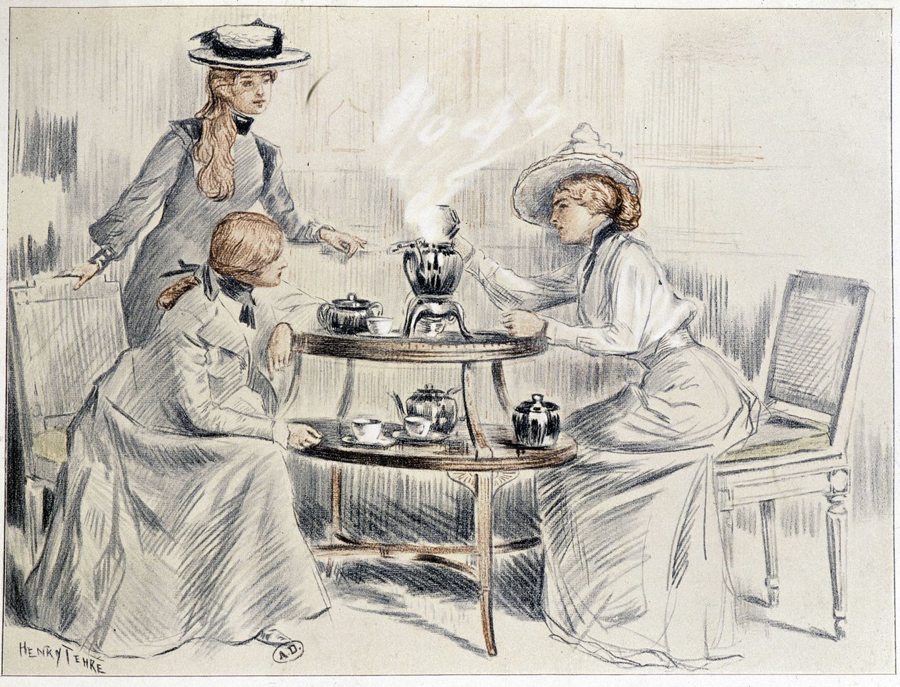 Panie pijące herbatę wokół małego samowara - rysunek Henri Tenré, ok. 1900 r. 1910 autorstwa Charles Henry Tenre