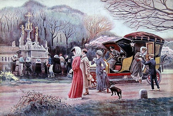 Podróżni zatrzymują się, aby pomodlić się przed przydrożną kalwarią w Bretanii w dzień Wielkanocy autorstwa Charles Henry Tenre