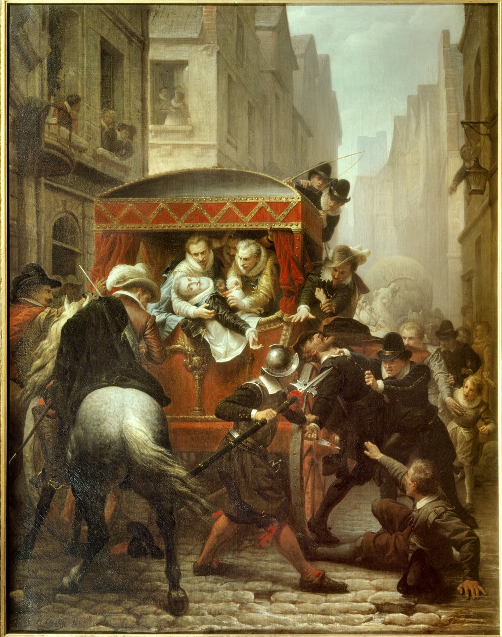 Śmierć Henryka IV: „”Zamach Henryka IV, króla Francji i aresztowanie Ravaillaca””Zamordowanie króla Henryka IV (1553-1610) i aresztowanie Francoisa Ravaillaca (1578-1610) w dniu 14.05.2016 r. w rue de la Ferronnerie w Paryżu. Obraz Charlesa Gustave