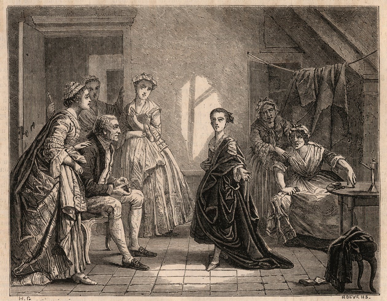Dzieciństwo Mademoiselle Clairon: młoda Claire-Josephe (Claire Josephe) Leris (1723-1803) recytuje wersety ze sztuki, którą właśnie obejrzała. Została komikiem pod pseudonimem „Mademoiselle Clairon” lub „La Clairon”. Grawer z 1862 r. z painti autorstwa Charles Housez