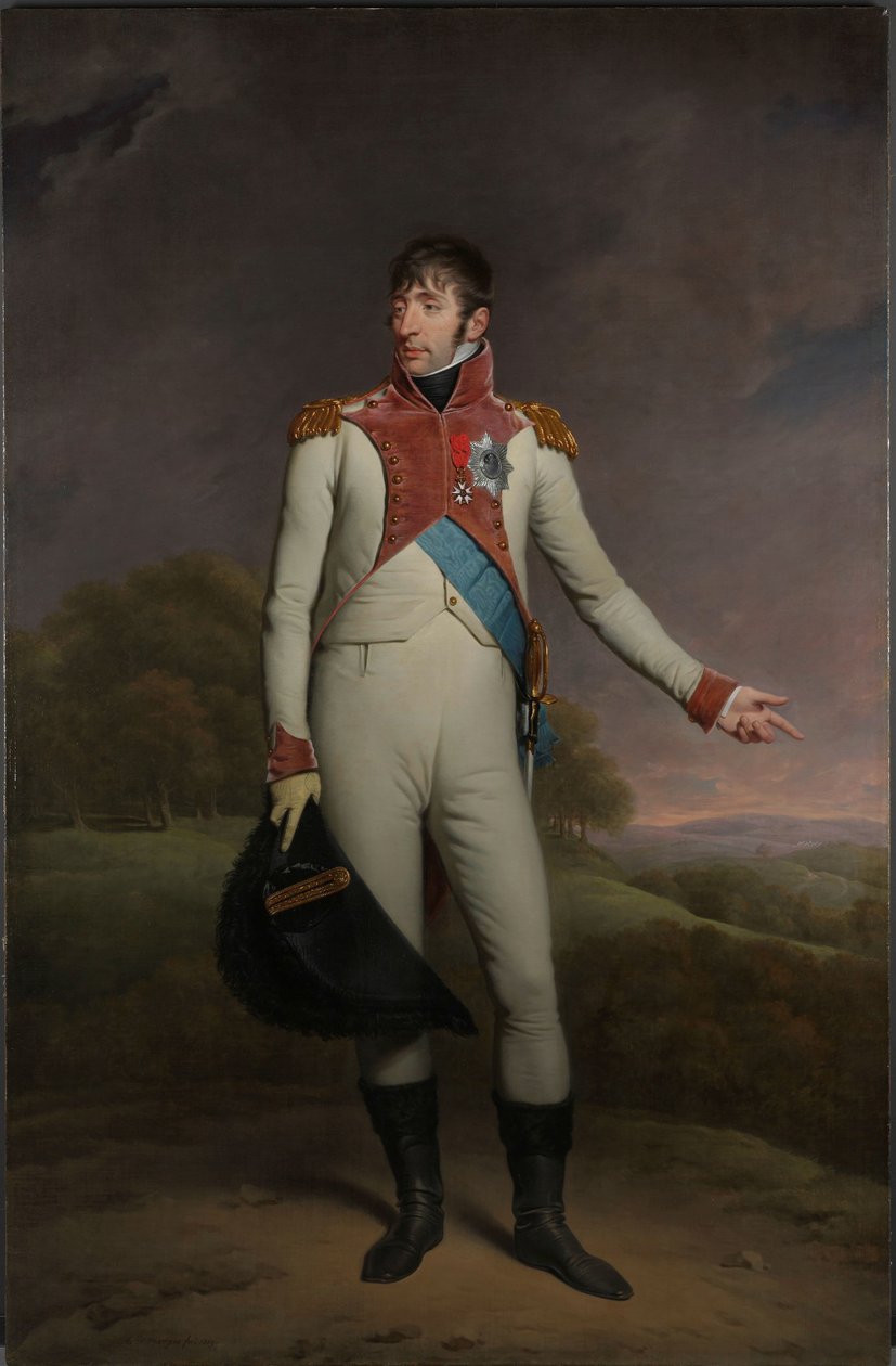 Portret Ludwika Napoleona, króla Holandii Ludwik Napoleon (1778-1846), król Holandii od 1806 do 1810 r., w mundurze pieszego ratownika, odznaczony Krzyżem Wielkim Królewskiego Orderu Związku Holandii i Krzyżem Oficerskim L autorstwa Charles Howard Hodges