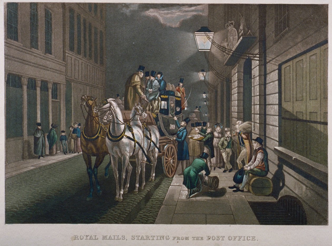 Autobus pocztowy przed General Post Office, Lombard Street, City of London, 1827 autorstwa Charles Hunt