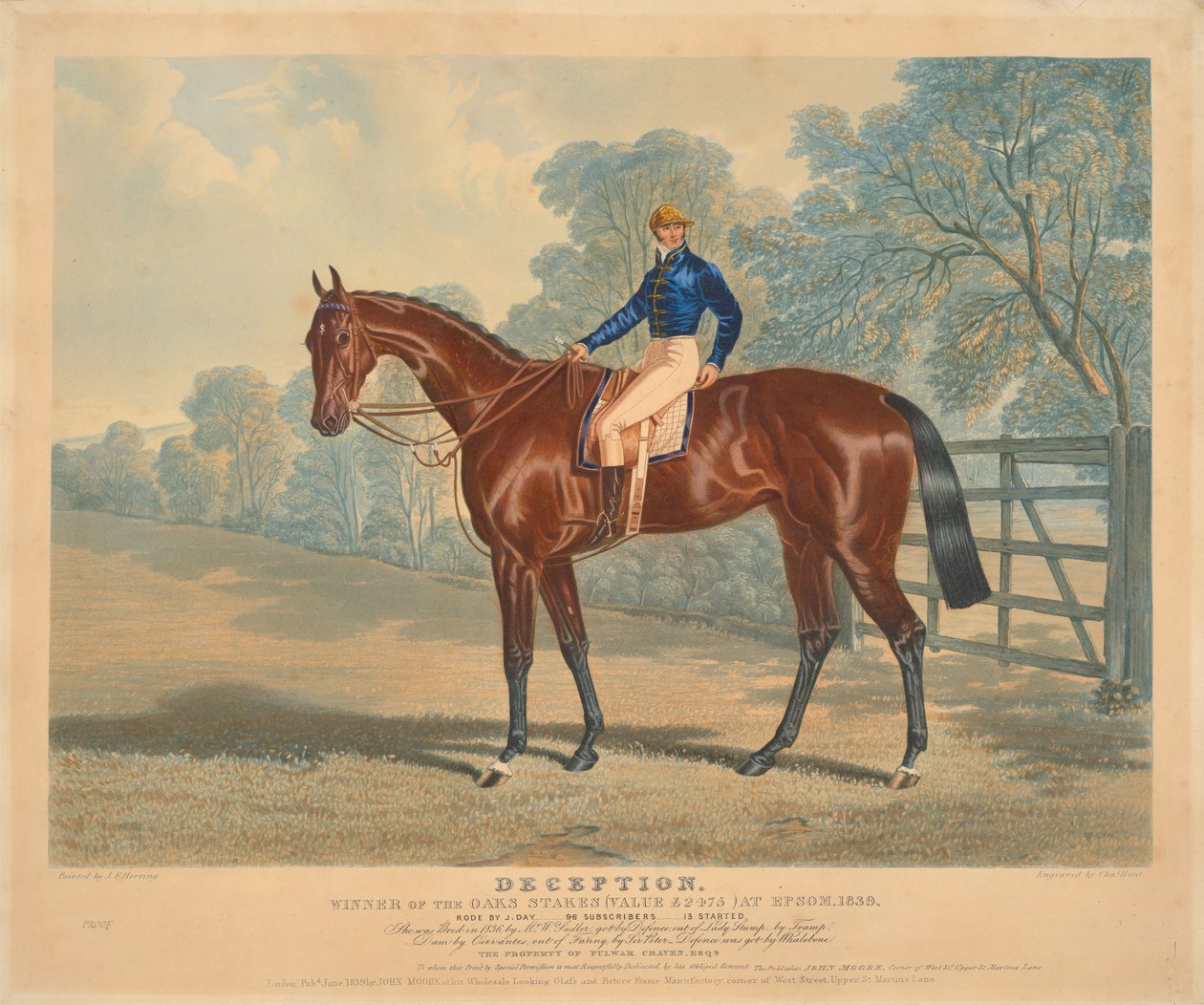 [Rennen]: "Deception", Gewinner der Oaks Stakes in Epsom, 1839, geritten von J. Day autorstwa Charles Hunt