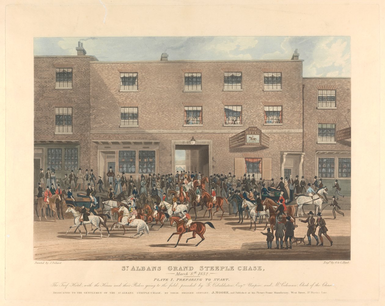 Pogoń za przeszkodami [zestaw sześciu]: St. Albans Grand Steeple Chase. / 8 marca 1832. Tablica 1. Przygotowanie do startu... autorstwa Charles Hunt