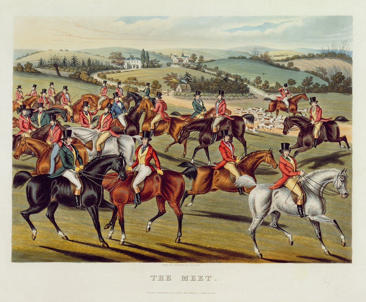 Spotkanie", płyta I z "Polowania na lisy", 1838 (akwatinta ręcznie kolorowana) autorstwa Charles Hunt