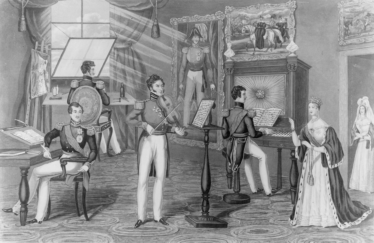 Cud Windsoru: artysta, poeta, skrzypek, tu widzimy, a wszystko to Tweedle-dum i Tweedle-dee, c.1841 (lit) (zdjęcie bw) autorstwa Charles Hunt