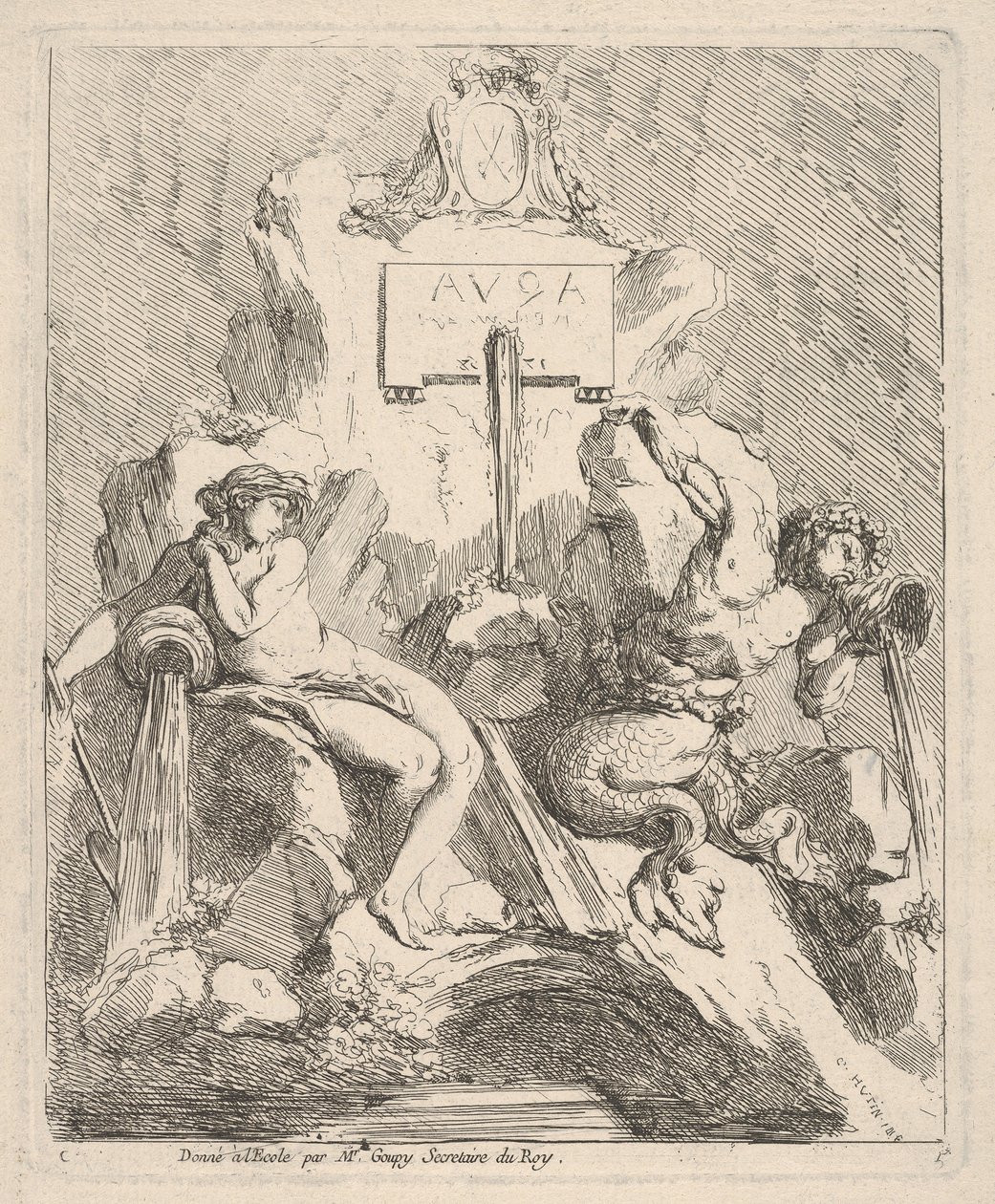 Projekt fontanny z siedzącą nimfą po lewej stronie i trytonem trzymającym muszlę w ustach..., 1768. autorstwa Charles Hutin