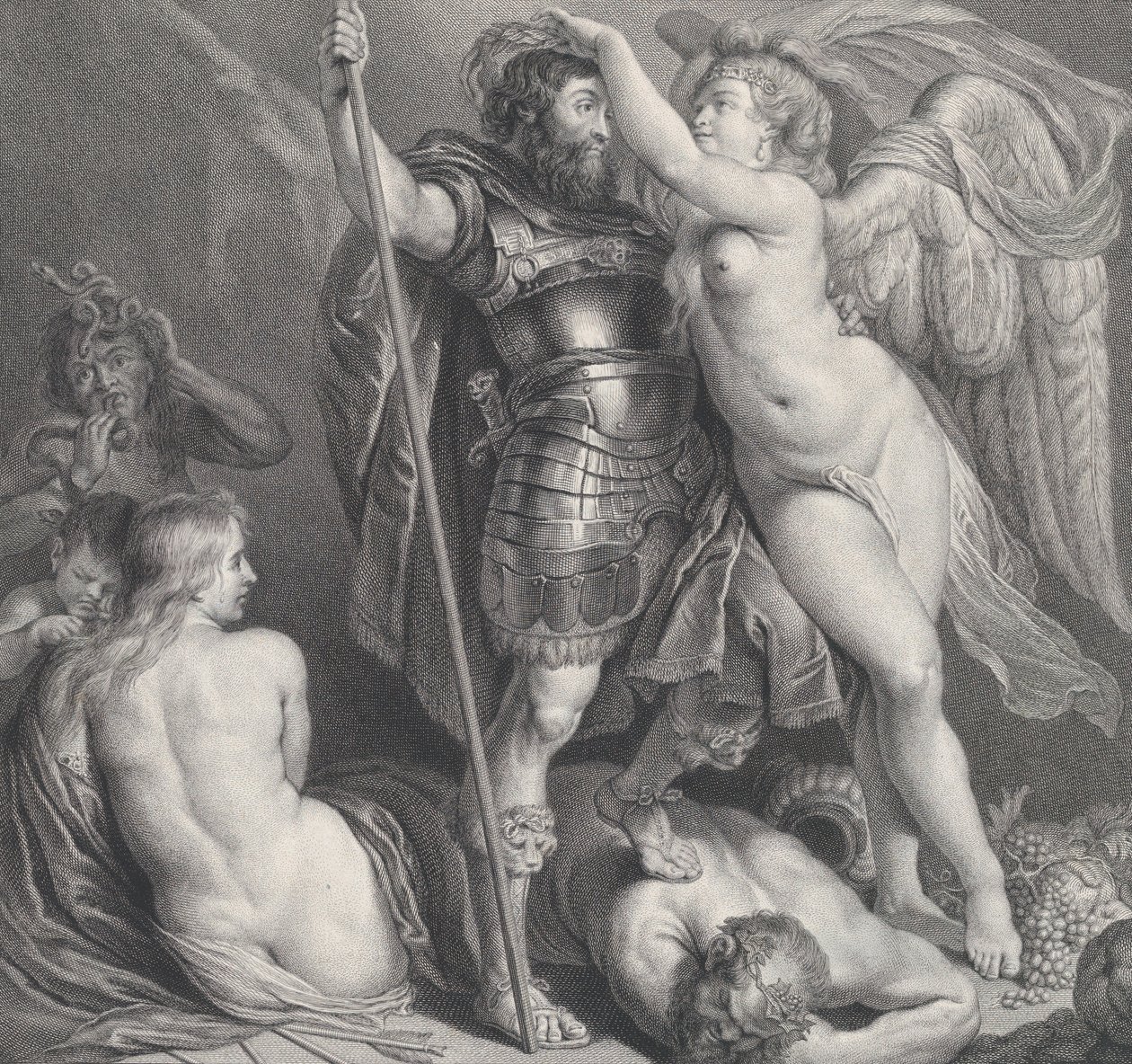 Bohater ukoronowany Zwycięstwem, który nakłada na głowę wieniec laurowy, Wenus i Kupidyn o..., ok. godz. 1735-61. autorstwa Charles Hutin
