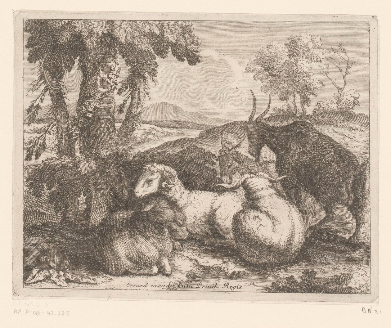 Owce i kozy pod drzewem Seria zwierzęca (tytuł serii) autorstwa Charles II Errard (attributed to)