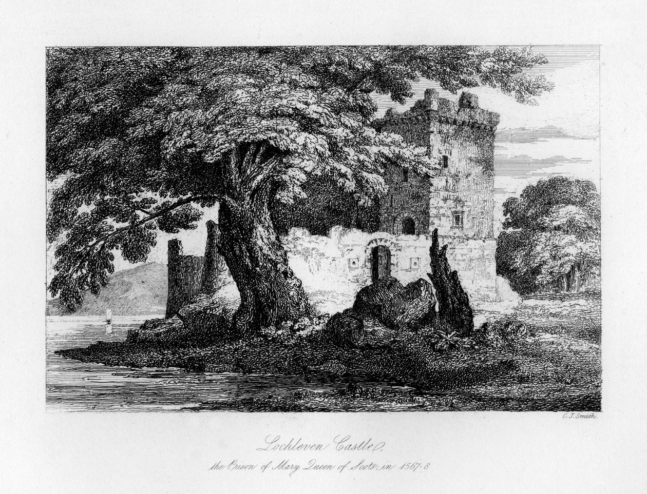 Zamek Lochleven, Szkocja, więzienie Marii Królowej Szkotów, 1840 autorstwa Charles J. Smith