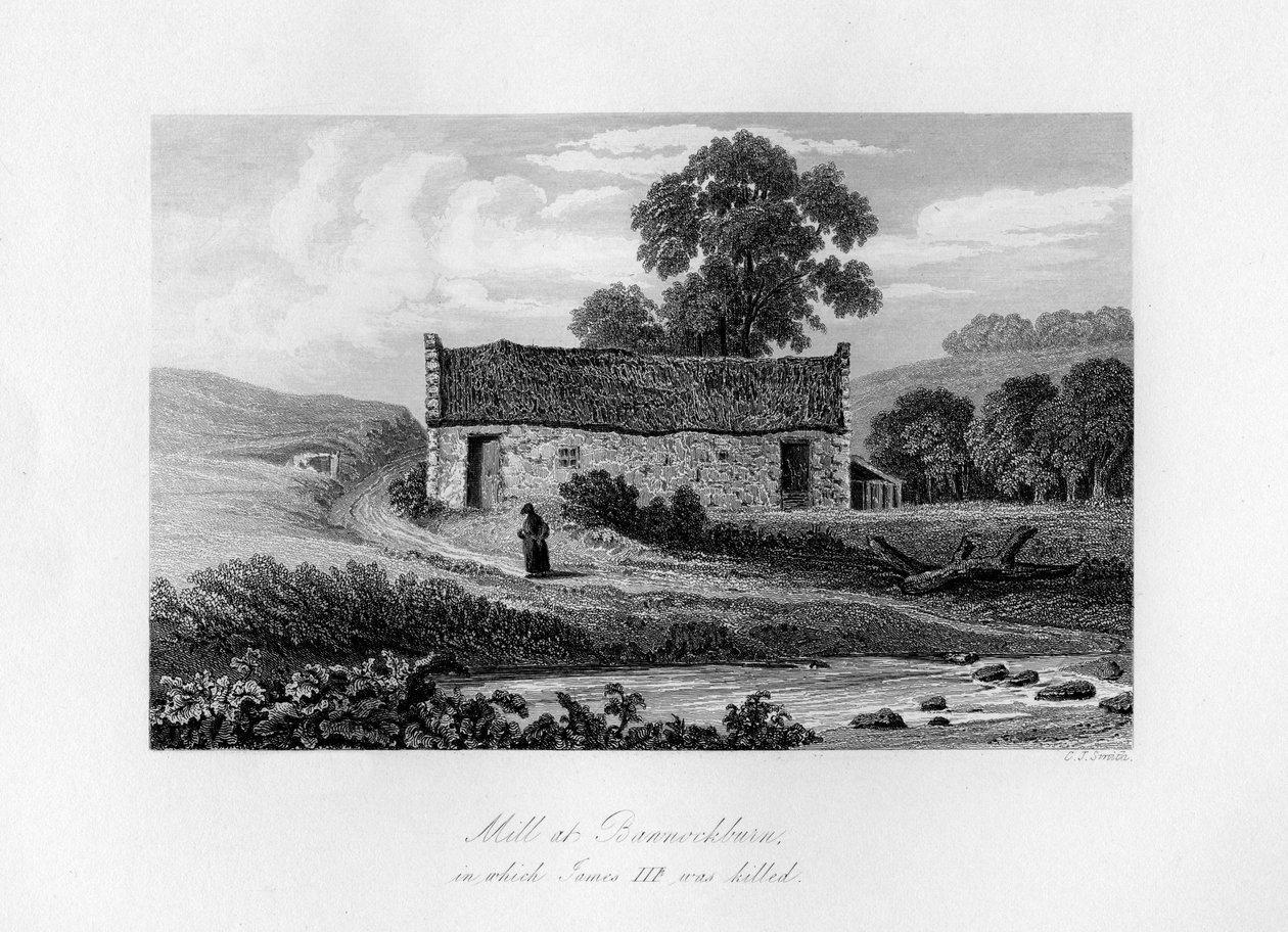 Mill w Bannockburn, w którym Jakub III Szkocki zginął w 1488, 1840 roku. autorstwa Charles J. Smith