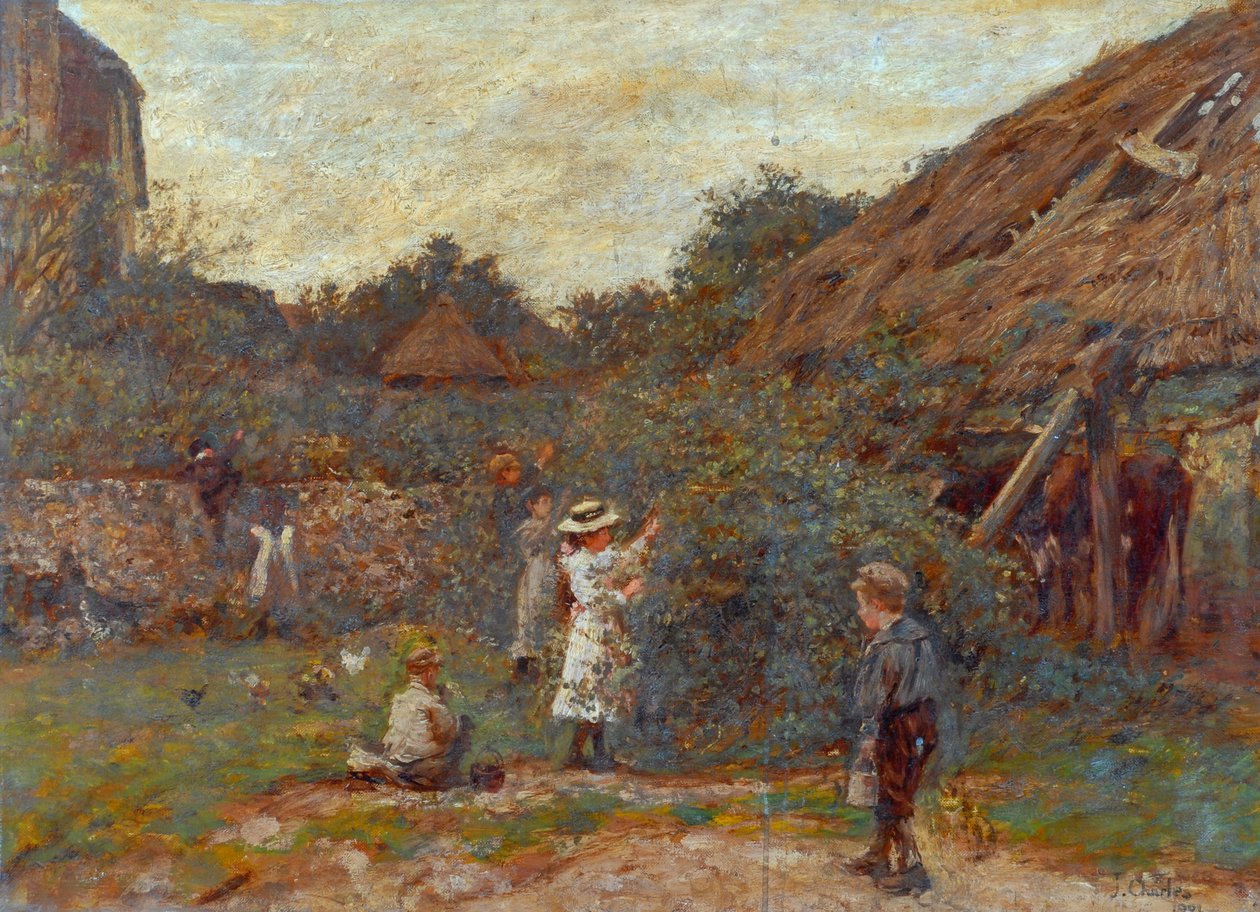 Scena na podwórku z dziećmi zbierającymi owoce, 1901 autorstwa Charles James