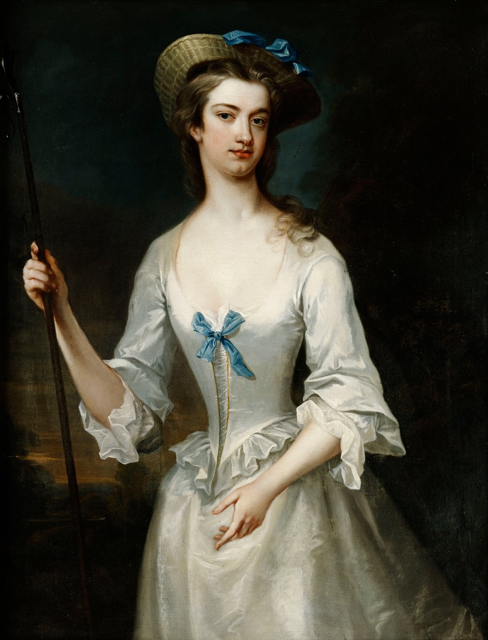 Portret damy, prawdopodobnie księżnej Ancaster, długość trzech czwartych, jako pasterki, w białej satynowej sukni i czepku, w pejzażu, autorstwa Charles Jervas