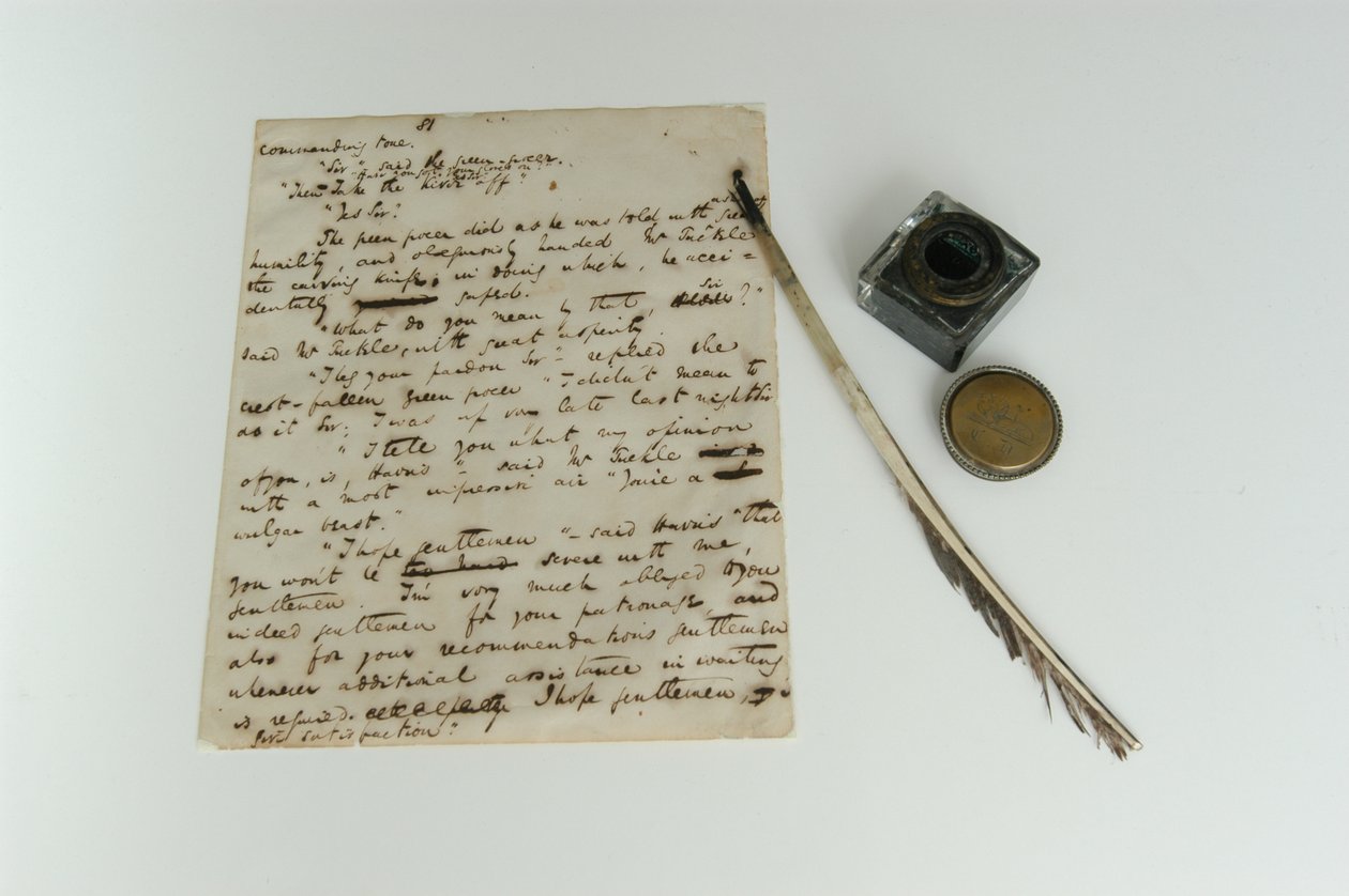 Rękopis Pickwick Papers, ok. 1837 oraz pióro i atrament Dickensa, sfotografowane w 2000 roku autorstwa Charles John Huffam Dickens