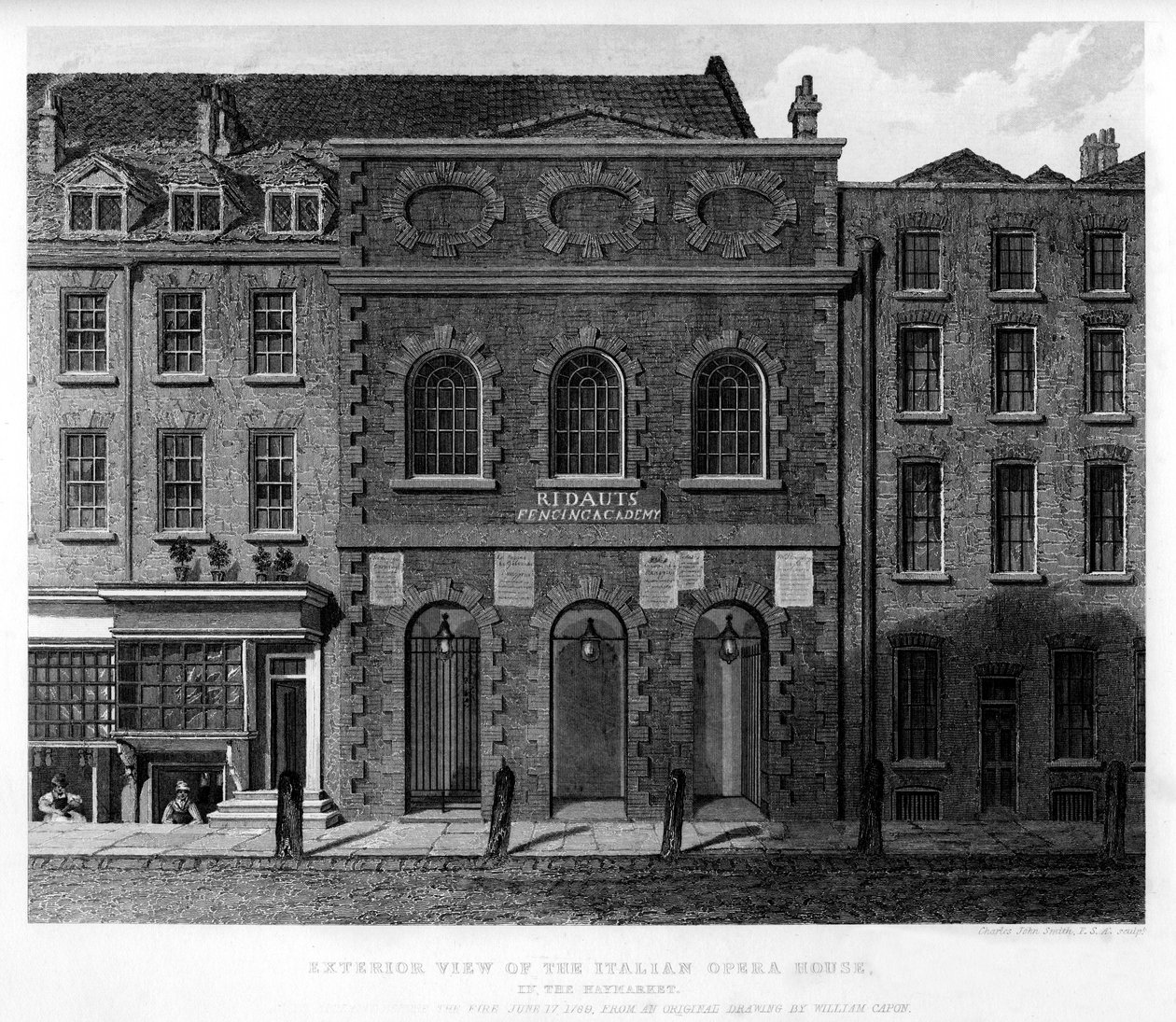 Widok zewnętrzny Opery Włoskiej, Haymarket, XVIII wiek, 1840 autorstwa Charles John Smith