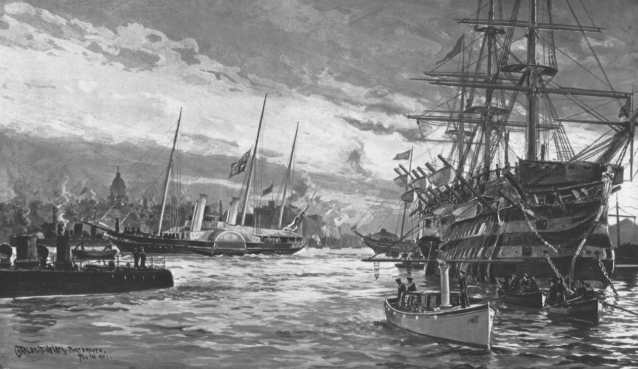 Pogrzeb królowej Wiktorii...Royal Yacht Alberta wpływa do portu Portsmouth...1901. autorstwa Charles John de Lacy