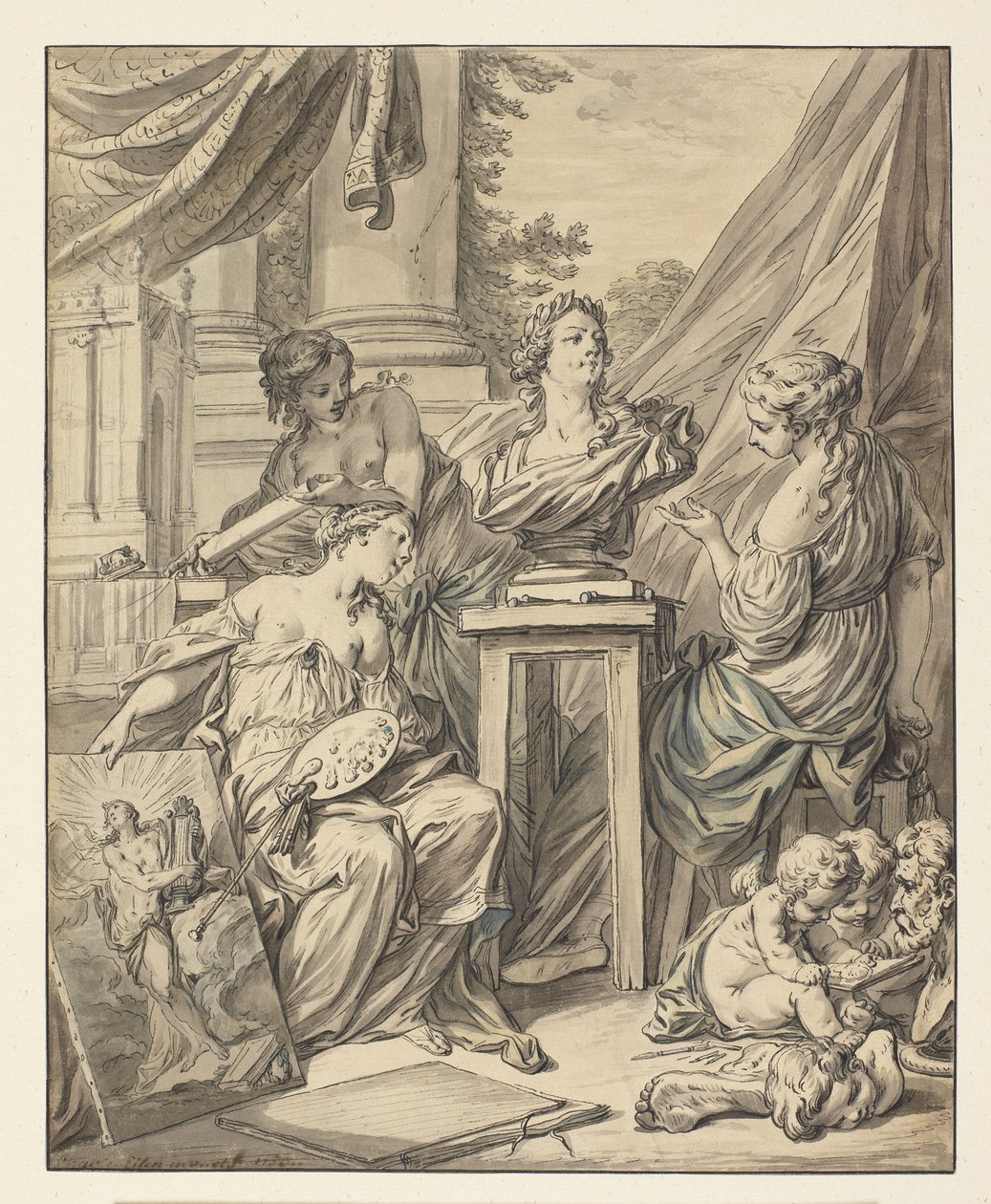 Sztuki piękne uosobione przez trzy kobiety zaangażowane w celebrację swojego rekonesansu dla Ludwika XV, 1753 (atrament, kreda i toaleta na papierze) autorstwa Charles Joseph Dominique Eisen