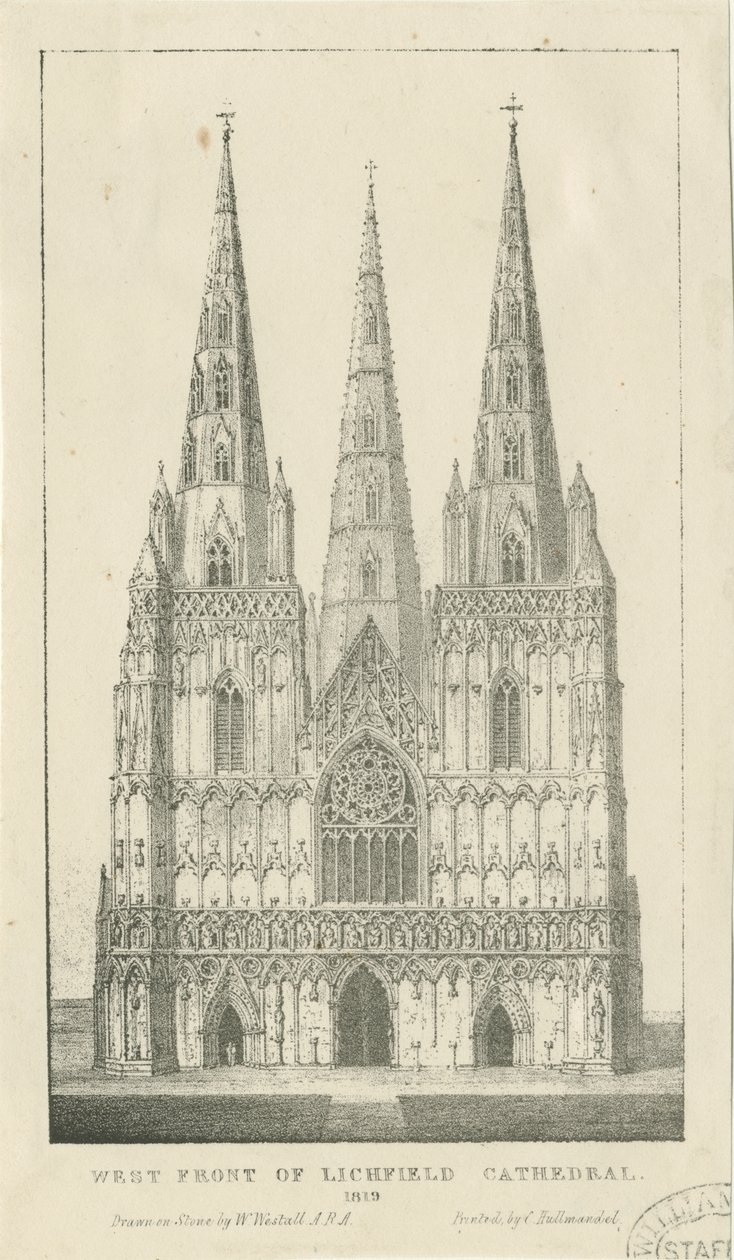 Katedra w Lichfield - front zachodni: grawerowanie autorstwa Charles Joseph Hullmandel