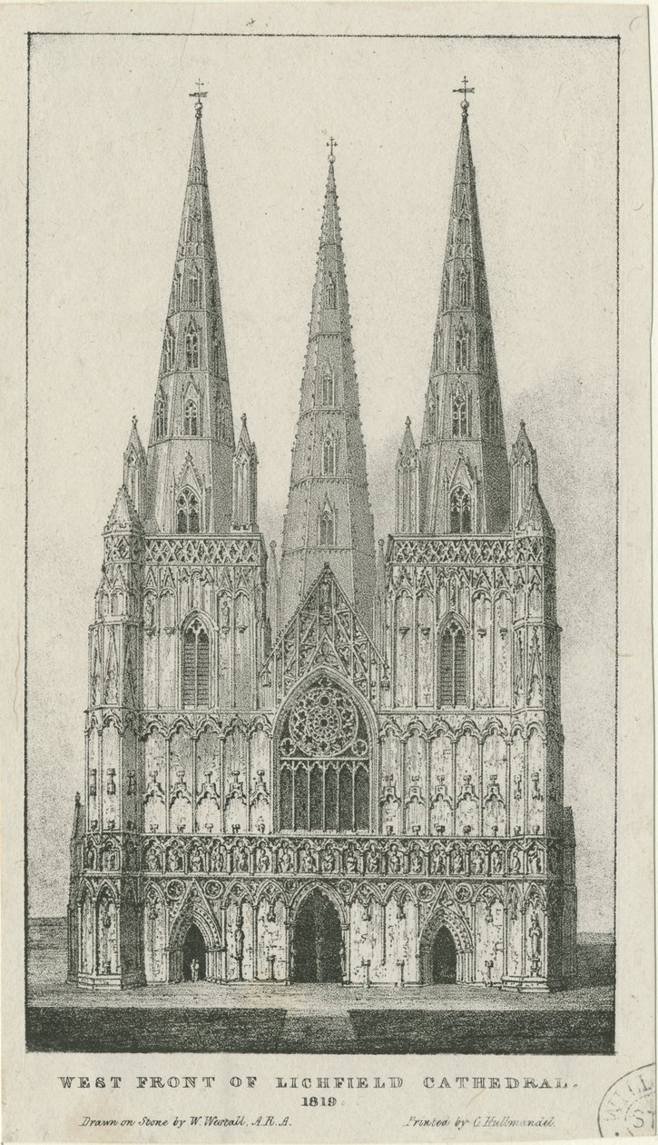 Katedra w Lichfield - front zachodni: grawerowanie, 1819 autorstwa Charles Joseph Hullmandel