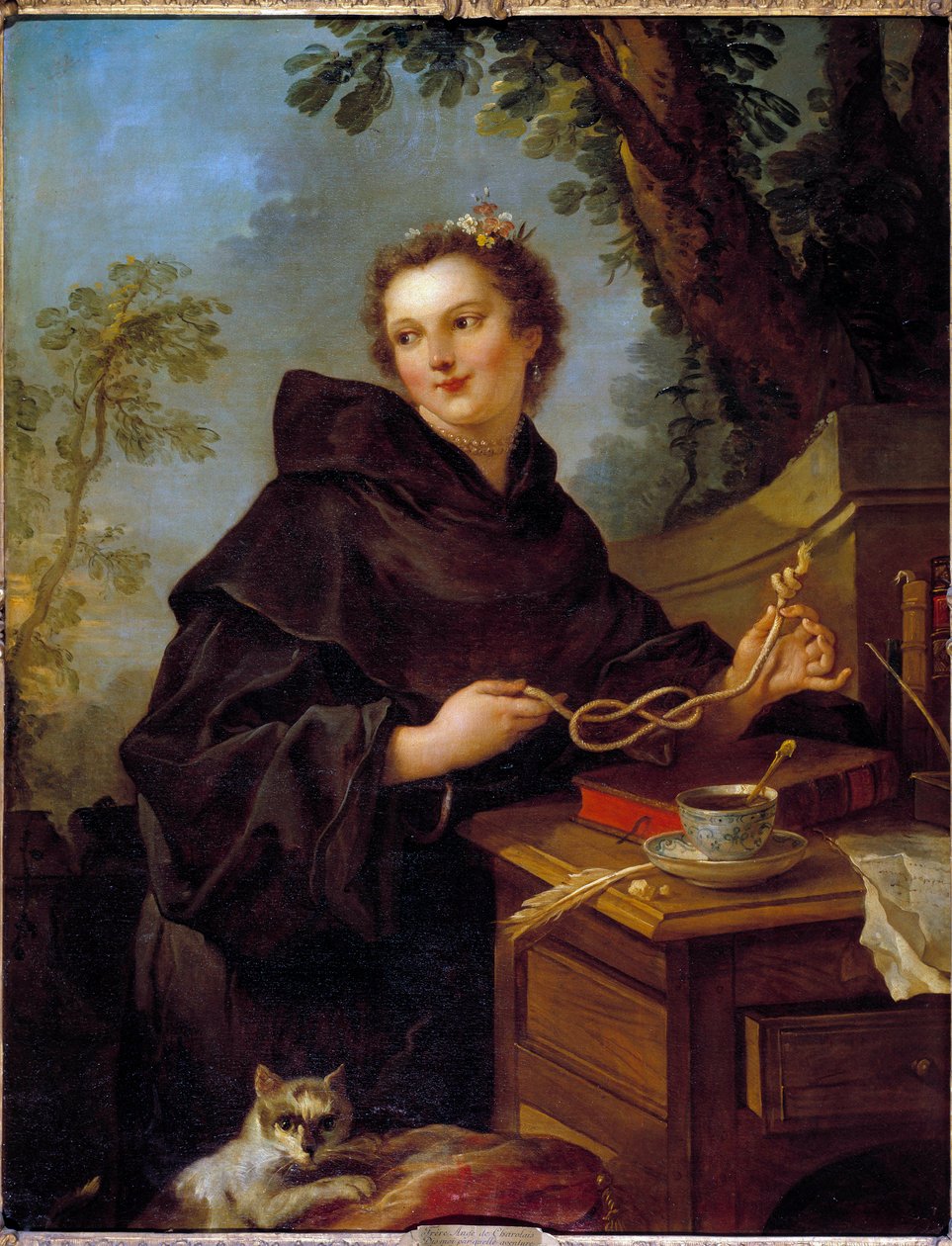 Portret Louise Anne de Bourbon Conde, Mademoiselle de Charolais (1695-1758), wnuczki Ludwika XIV. Między jego rękami węzeł morski (węzeł ósemkowy). Obraz Charlesa Josepha Natoire