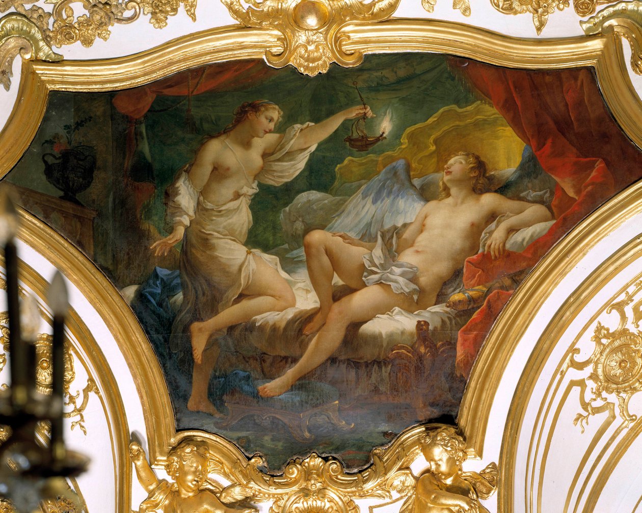 Psyche podnosząca lampę, by kontemplować swoją żonę Eros (lub Miłość) Obraz na suficie autorstwa Charlesa Josepha Natoire (Charles-Joseph Natoire autorstwa Charles Joseph Natoire