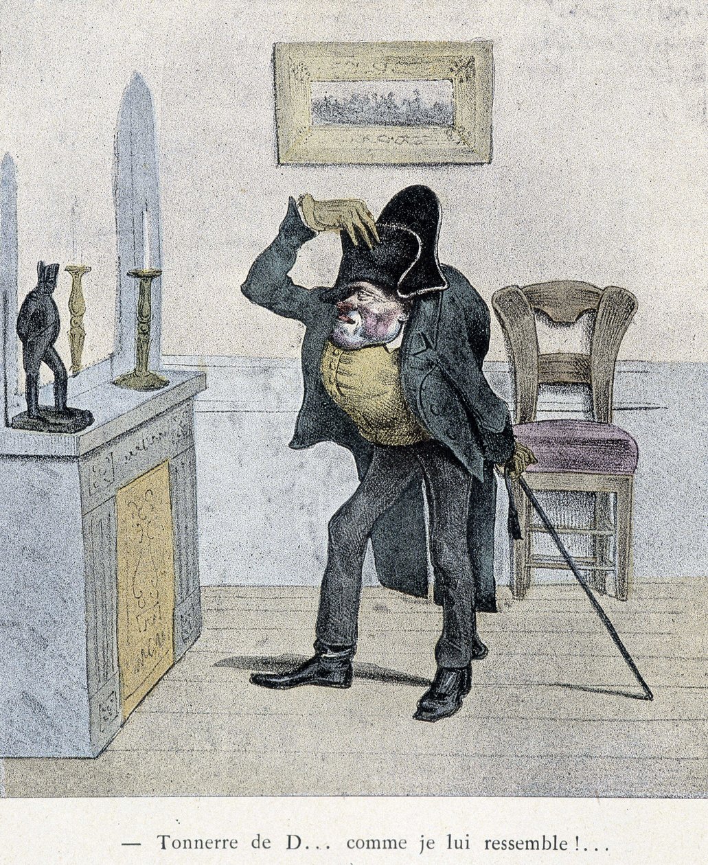Grzmot D... jak ja wyglądam jak on!... Komiks Travies z XIX wieku przedstawiający mężczyznę porównującego się do statuetki Napoleona. autorstwa Charles Joseph Travies de Villiers