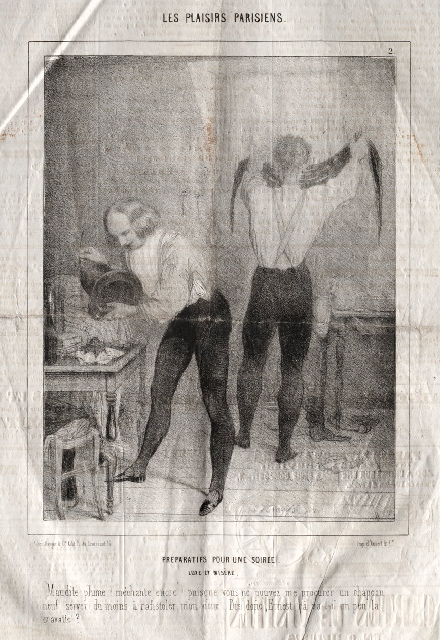 Les Plaisirs Parisiens: Przygotowania do wieczoru. Luksus i nędza. Przeklęte pióro! Zło.... autorstwa Charles Joseph Traviès de Villers
