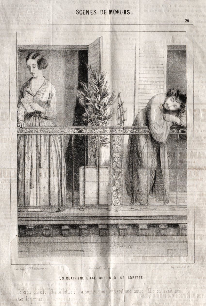 Sceny obyczajowe: Czwarte piętro rue N. D. de Lorette. Wierzę, że czyta mój list.... autorstwa Charles Joseph Traviès de Villers