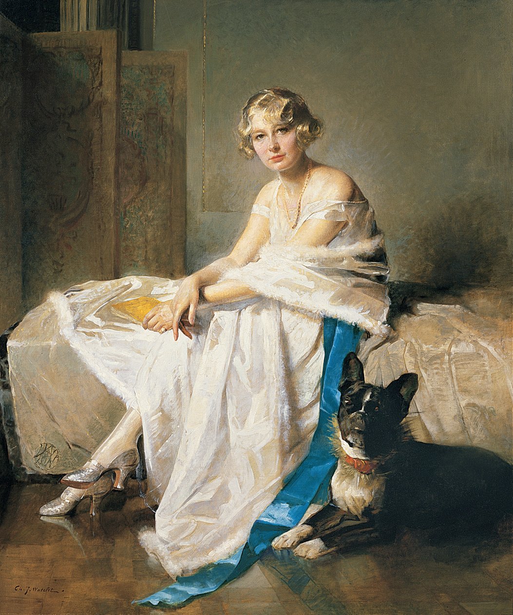 Elegancka dama z buldogiem francuskim we wnętrzu, ok. 1925 (olej na płótnie) autorstwa Charles Joseph Watelet